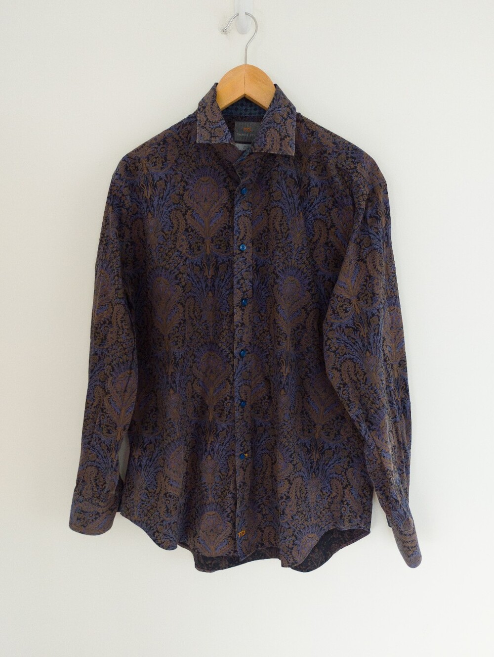 Thomas Dean Mens Large Paisley Button Down Shirt Blue Brown Shirtmaker's Cloth